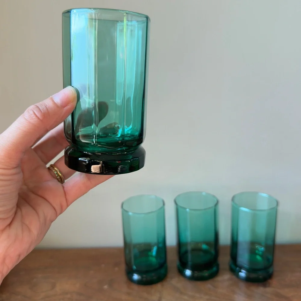 Anchor Hocking Essex Sea Glass Green Glasses Set of 4 Hexagon Tumblers Cups MCM